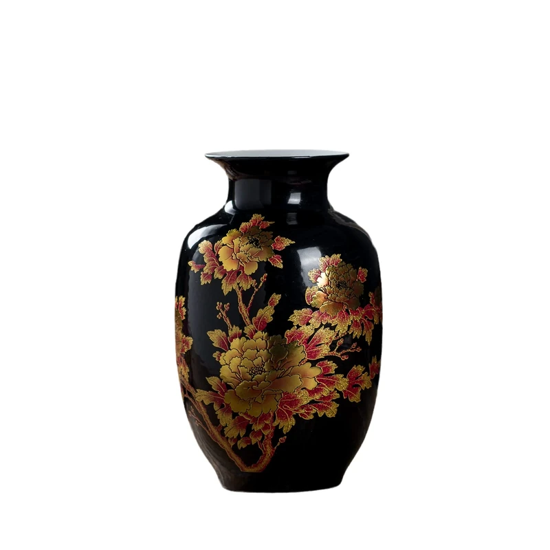 Black Vases Chinese Ceramic Flower Vase Decorated with Peony Design for Home Living Room Display and Gift from Jingdezhen Porcelain