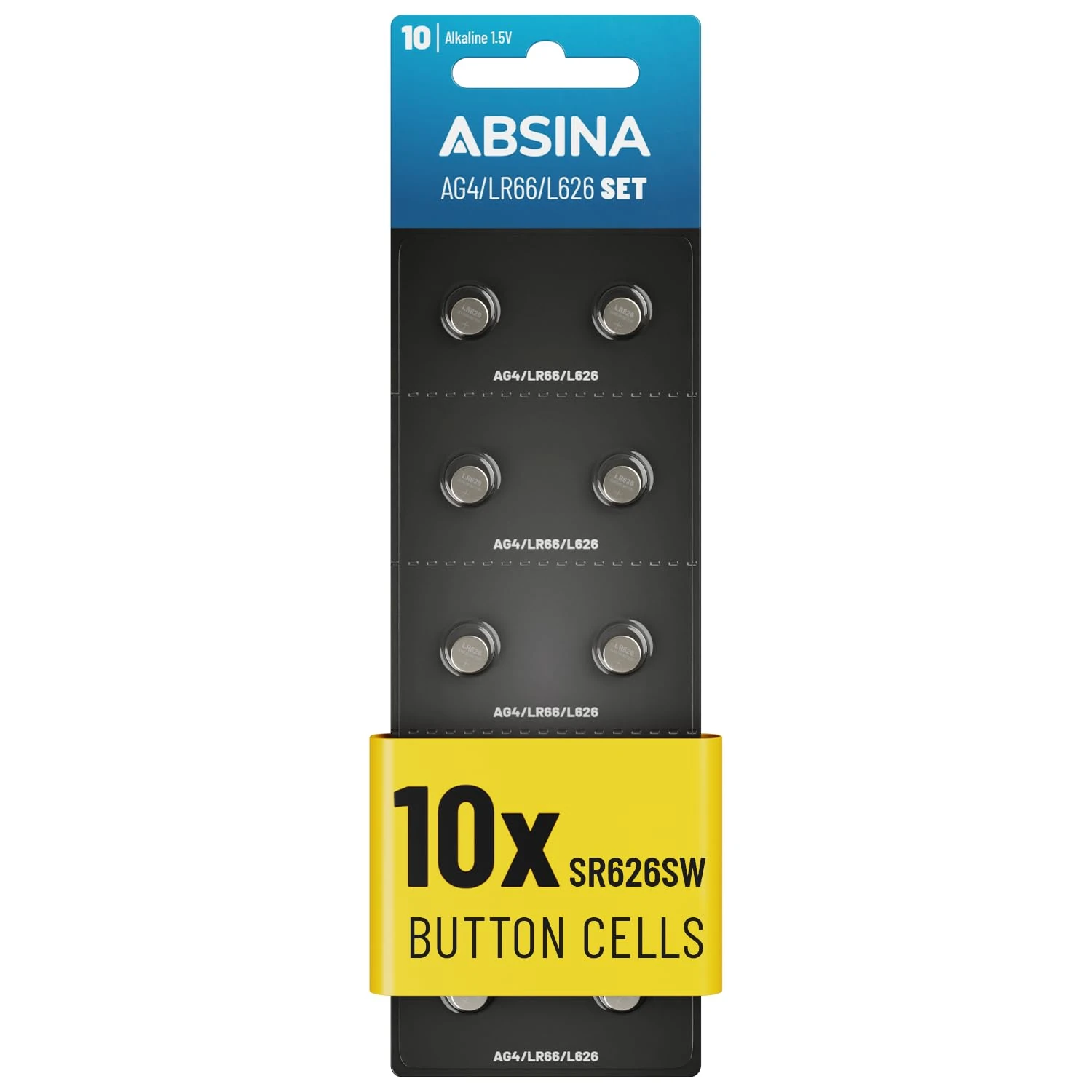 ABSINA 10x LR66 AG4 button cell watch battery 1.5V Alkaline - AG4 battery Leak-Proof & Long-Lasting - SG4 / V4GA / G4A / 4GA / L626 / 177/377/ LR626 watch batteries - AG4 watch batteries