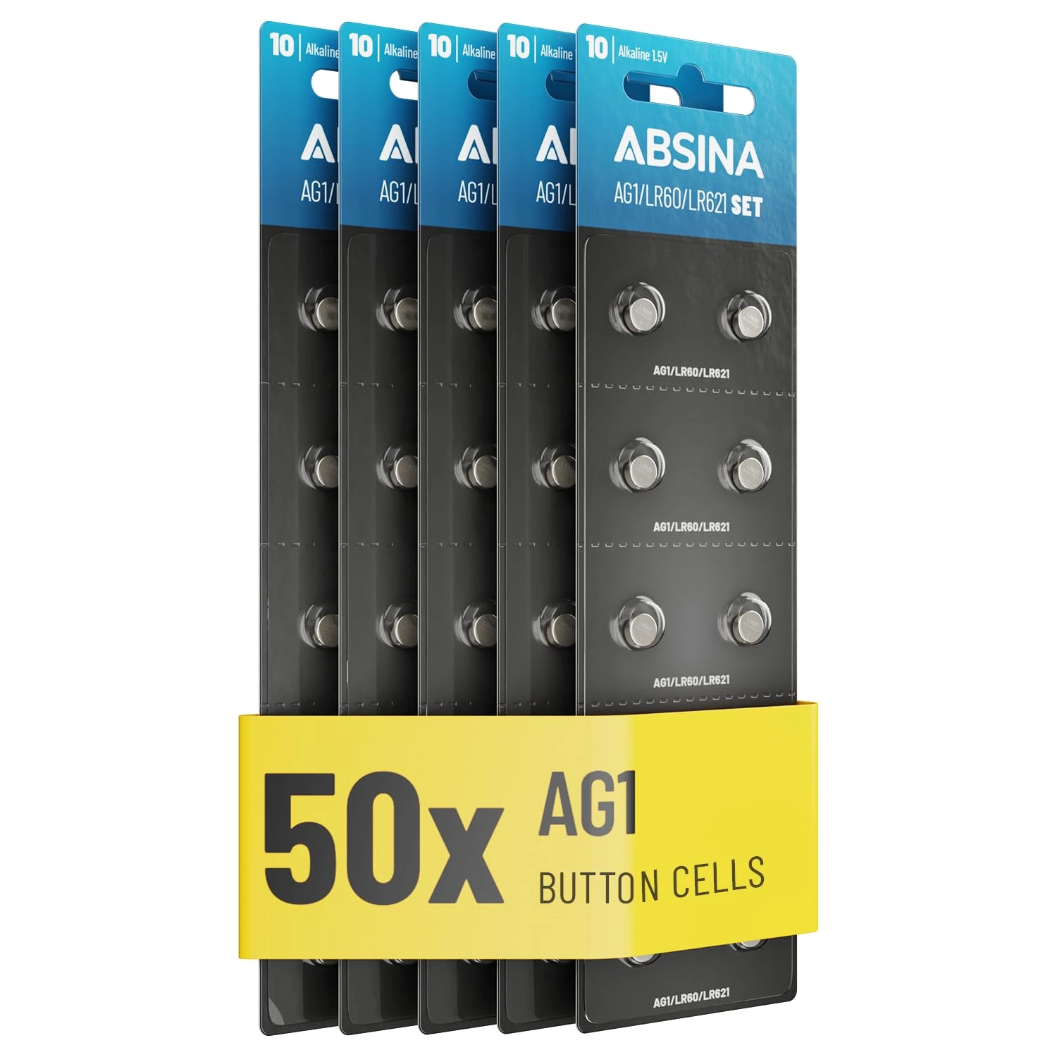 ABSINA 50x LR621 AG1 Battery 1.5V Alkaline - AG1 batteries Leak-Proof & Long-Lasting - LR60 / SR60 / 1175S0 / 164/602 / 364 / V30 / SR621 - AG1 button cell battery, LR621 battery watch batteries