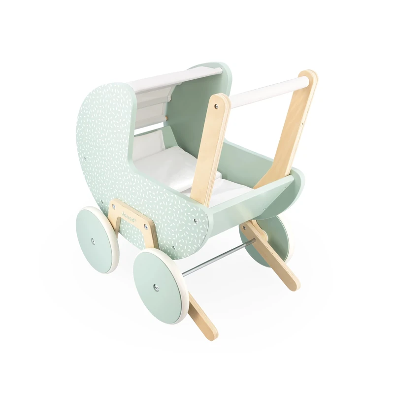 Janod - Zen FSC Wood Pram - Pretend Play Toy - Doll Pram - Includes a Pillow and Blanket - 18 Months +, J05900, Water Green/White