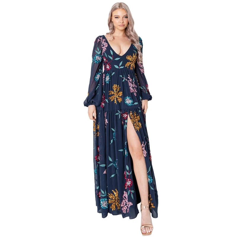 Maya Deluxe Women's Ladies Maxi Dress with Slit Long Sleeve Bishop V Neckline Floral Embellishment for Special Occasions Prom Ball, Navy, 6 - Image 1