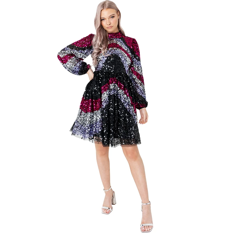 Maya Deluxe Women's Womens Ladies Sequin Embellished Mini Long Bishop Sleeve Highneck for Wedding Guest Prom New Y Dress, Black, 10 UK