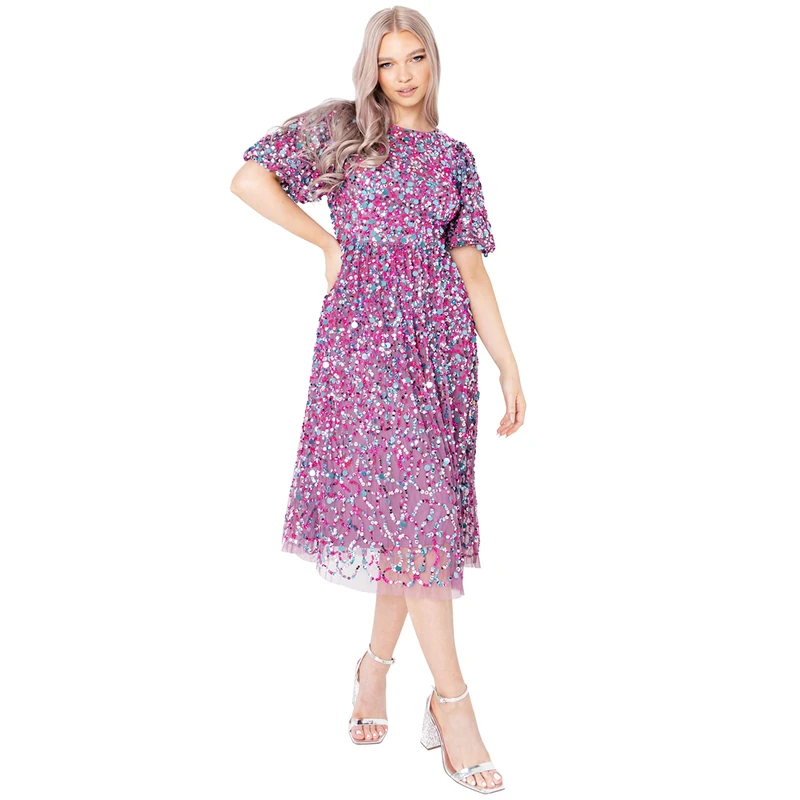 Maya Deluxe Women's Womens Ladies Dress for Special Ocassions Midi Baloon Sleeve Crew Neck Fully Sequin Embellished for Wedding Guest Prom Dress, Lila,