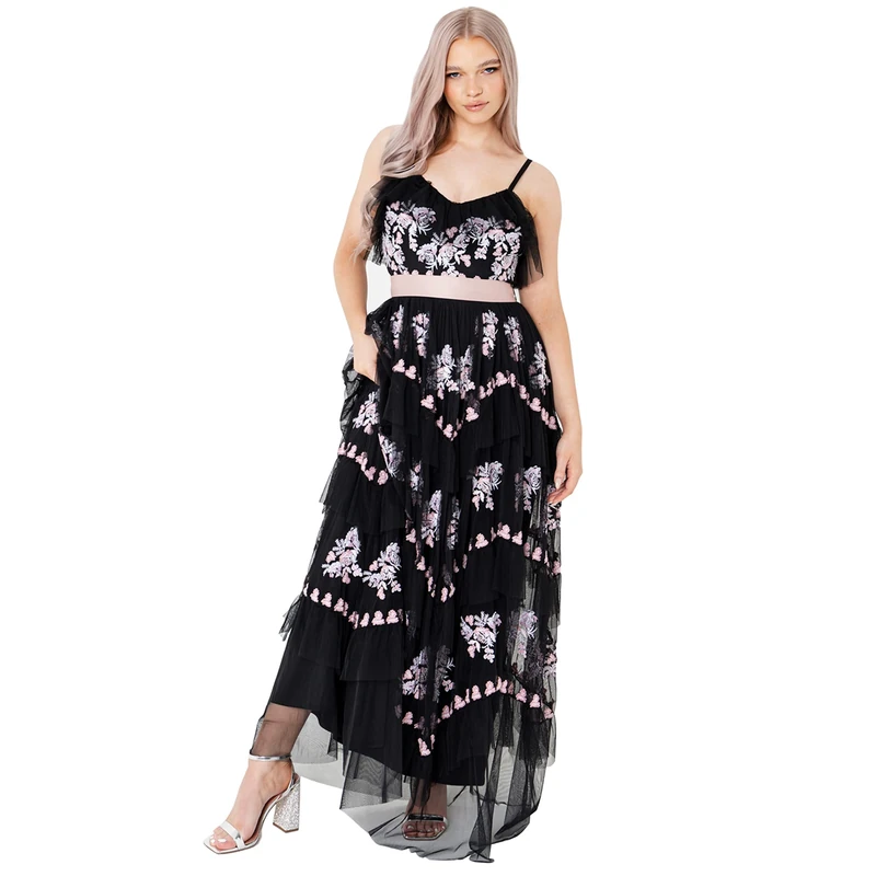 Maya Deluxe Women's Ladies Maxi Dress Tiered Floral Embroidery V Neckline Bow Tie High Waist Cami Frilly Stripes Sleeveless Black, 14