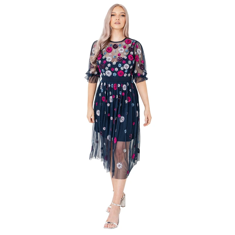 Maya Deluxe Women's Womens Ladies Dress Flower Sequin Embellishment 3/4 Puffed Sleeve High Waist Mesh Keyhole for Wedding Guest Summer Navy Dresses, Navy,