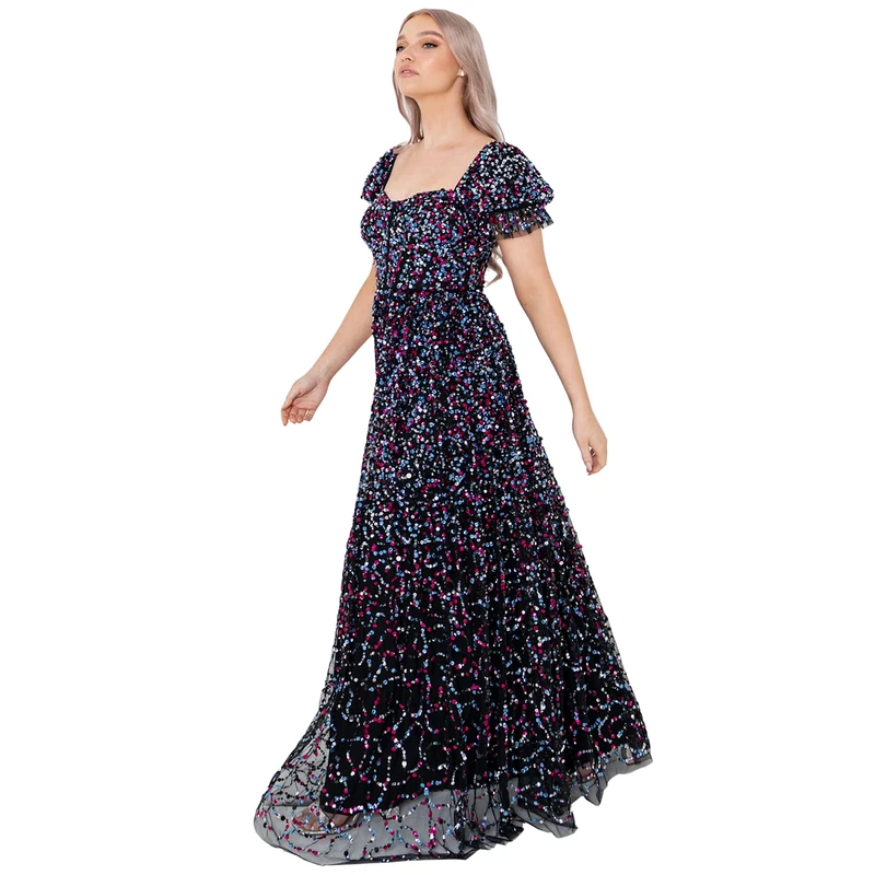Maya Deluxe Women's Maxikleid für Damen, Paillettenverzierung, Kurze Puffärmel, Sweatheart-Ausschnitt, Lang, Hohe Taille, Marineblau Dress, Schwarz,