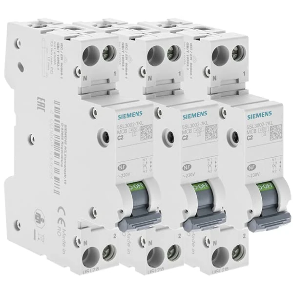 Pack of 3 Phase + Neutral 2A Electrical Circuit Breakers