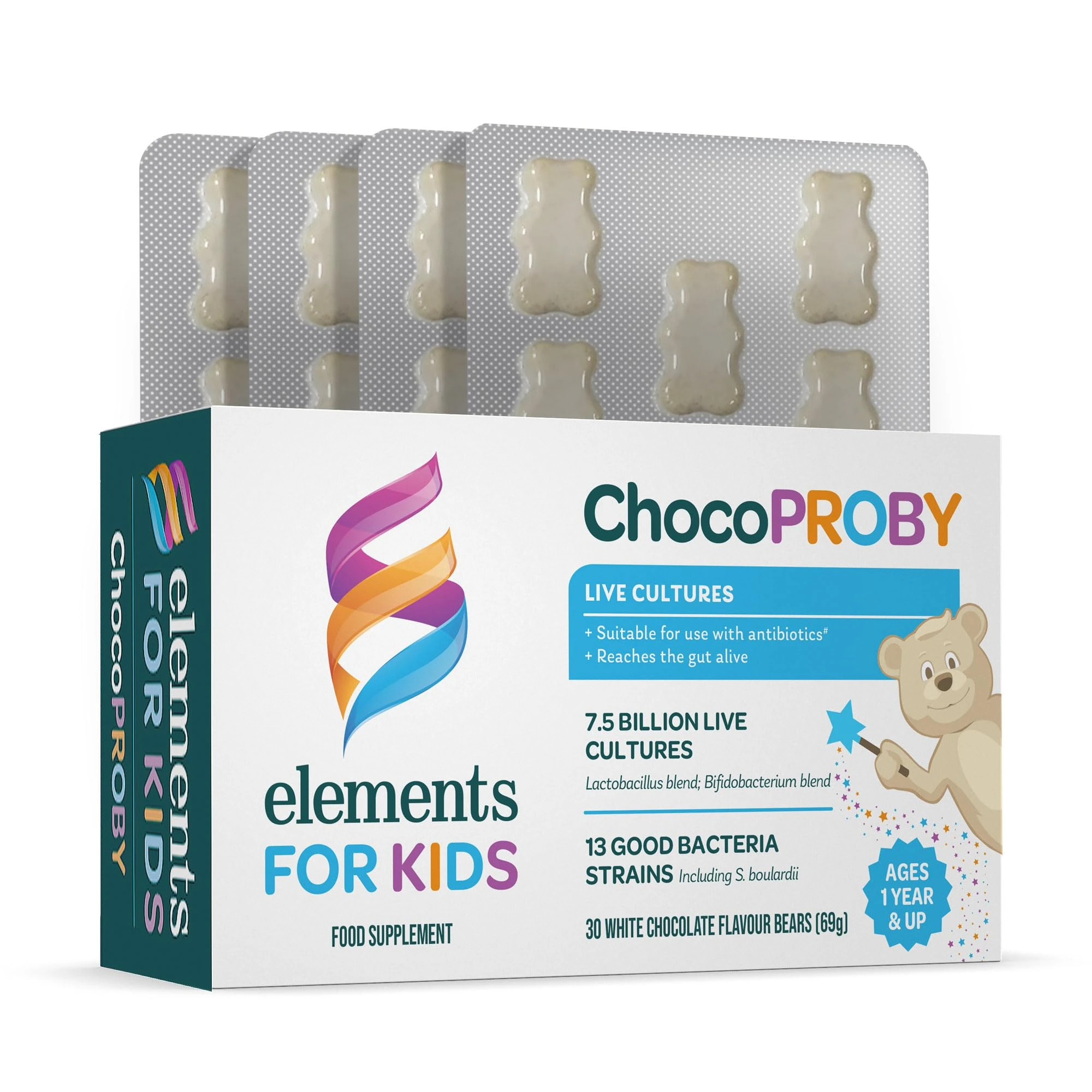 Elements ChocoPROBY - Probiotic Kids Supplement with 13 Bacteria strains, Lactobacillus Blend, Bifodobacterium Blend, S. boulradii; 30 White Chocolate Flavoured Bears