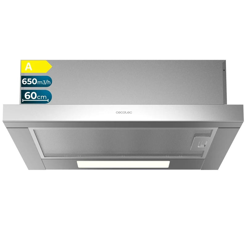 Cecotec Bolero Flux 606500 60 cm Telescopic Extractor Hood Stainless Steel A. 165W Motor, 650m3/h Suction Power, Mechanical Control, 2 Power Levels, Light, and Carbon Filter, Stainless Steel Finish