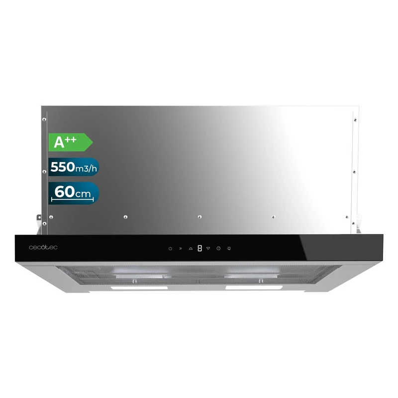 Cecotec Flux TLT 605500 Glass Black A++ Telescopic Extractor Hood 60 cm 70 W Motor, Low Consumption, White Glass Front, Power 550m³/h, Touch and Gesture Control, Carbon Filter