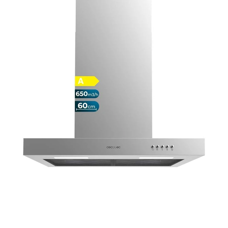 Cecotec 60cm Bolero Flux TM 606500 Stainless Steel Cooker Hood A. Motor 165W, Decorative with Stainless Steel, Suction 650m3/h, Mechanical Control, 3 Power Levels, Light and Carbon Filter
