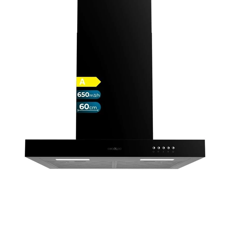 Cecotec Extractor Hood 60 cm Type T Bolero Flux TM 606500 Black A. Motor 165W, Black Finish, Suction 650m3/h, Mechanical Control, 3 Power Levels, Light and Carbon Filter