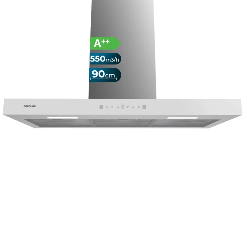 Cecotec Flux TT 905500 Glass White A++. 90 cm, 70W, Low Energy Consumption, 550m3/h Suction, Touch Control, 3 Levels, LED Lighting, Carbon Filter