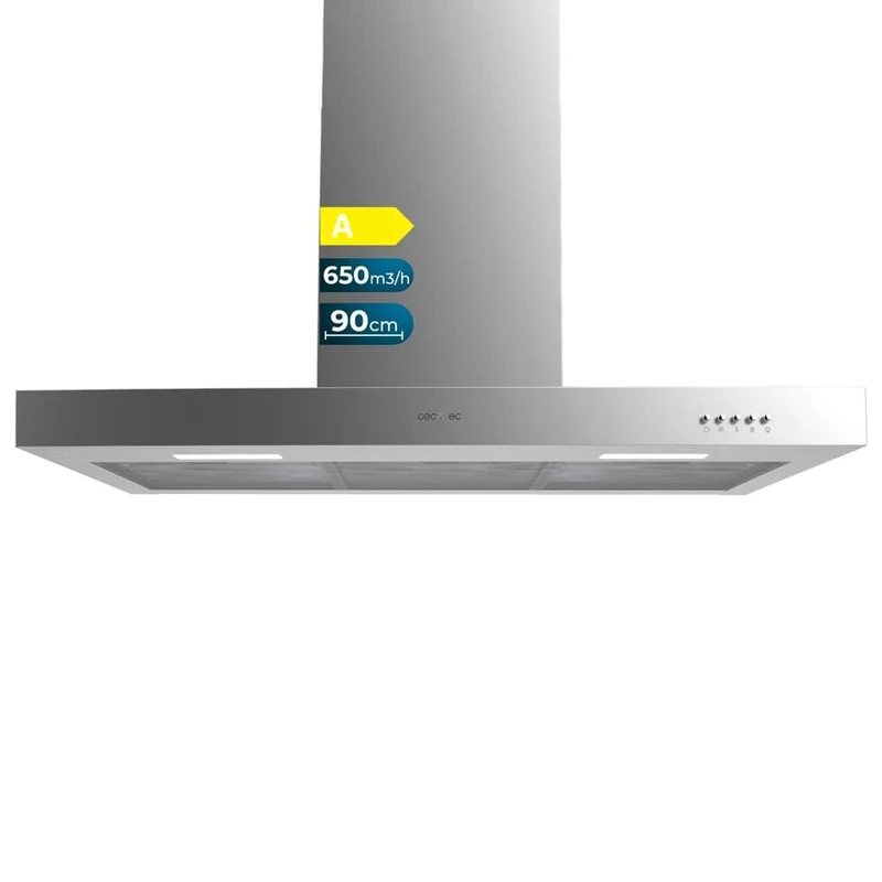 Cecotec 90 cm Bolero Flux TM 906500 Stainless Steel Cooker Hood A. Motor 165W, Decorative with Stainless Finish, Suction 650m3/h, Mechanical Control, 3 Power Levels, Light and Carbon Filter