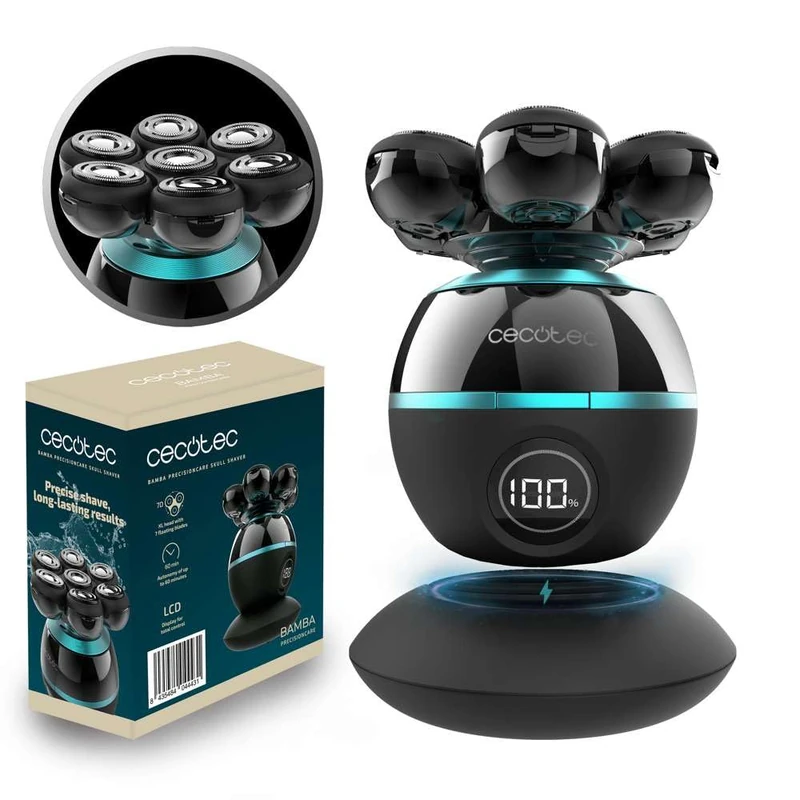 Cecotec Bamba PrecisionCare Skull Shaver Head Shaver, Extra Large Head, 7 Floating Blades, Autonomy 60 min, Charging Dock, Display, Portable Design, Easy Cleaning