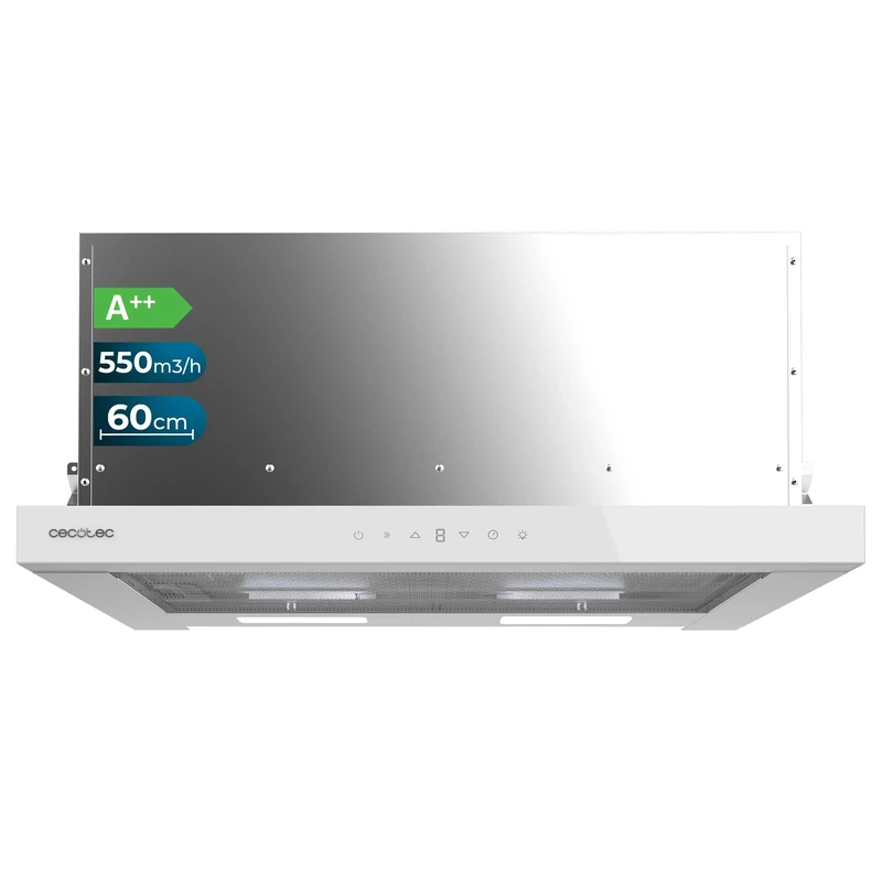 Cecotec Flux TLT 605500 60 cm Telescopic Extractor Hood White Black A++. Motor 70W, Low Consumption, Front Glass White, Power 550m³/h, Touch and Gesture Control, Carbon Filter