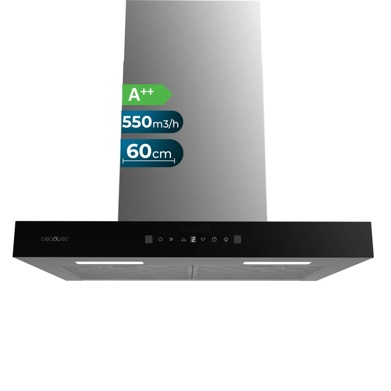 Cecotec Vent Hood Flux TT 605500 Black Glass A++. 60cm, 70W, Low Energy Consumption, Suction 550m3/h, Touch Control, 3 Levels, Booster, LED Lighting, Carbon Filter