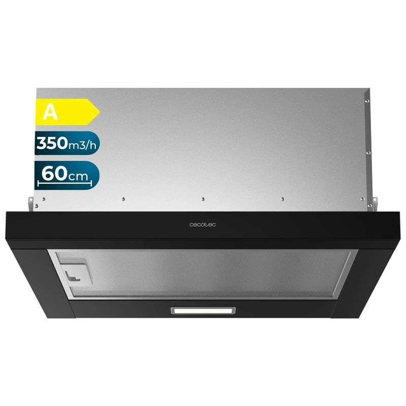 Cecotec Bolero Flux TLM 603500 Black A 60 cm Telescopic Extractor Hood, 70 W Motor, Suction Power 350 m3/h, Mechanical Control, 2 Levels, Light and Carbon Filter, Black Finish