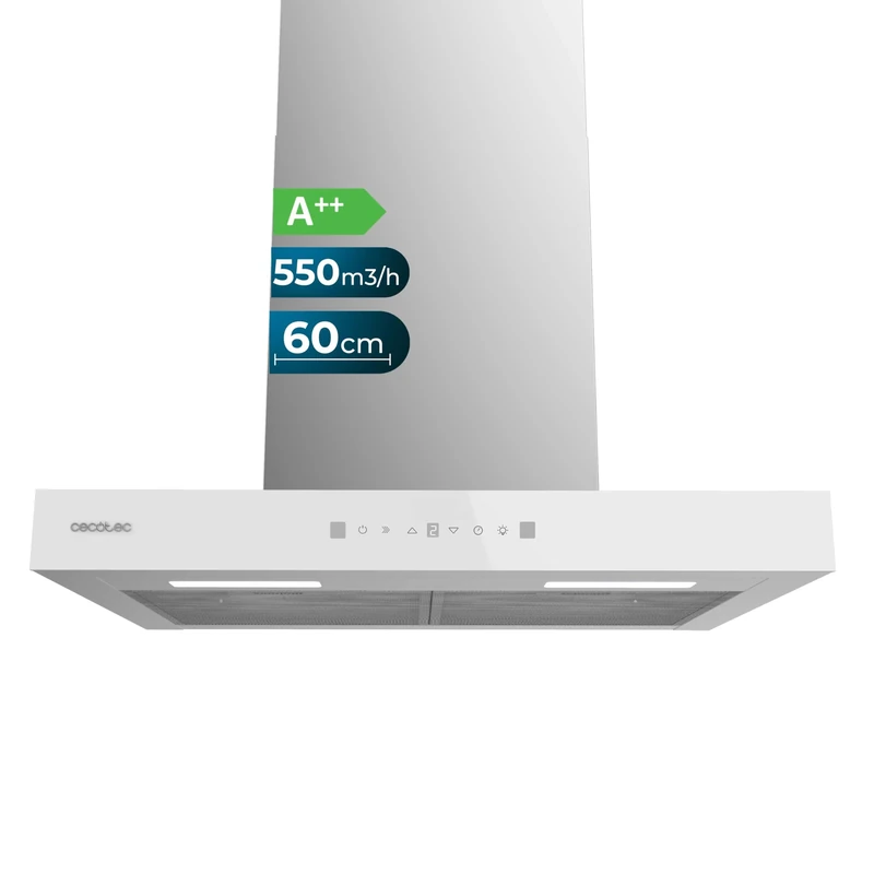 Cecotec Flux TT 605500 Glass White A++. 60 cm, 70W, Low Energy Consumption, 550m3/h Suction, Touch Control, 3 Levels, LED Lighting, Carbon Filter