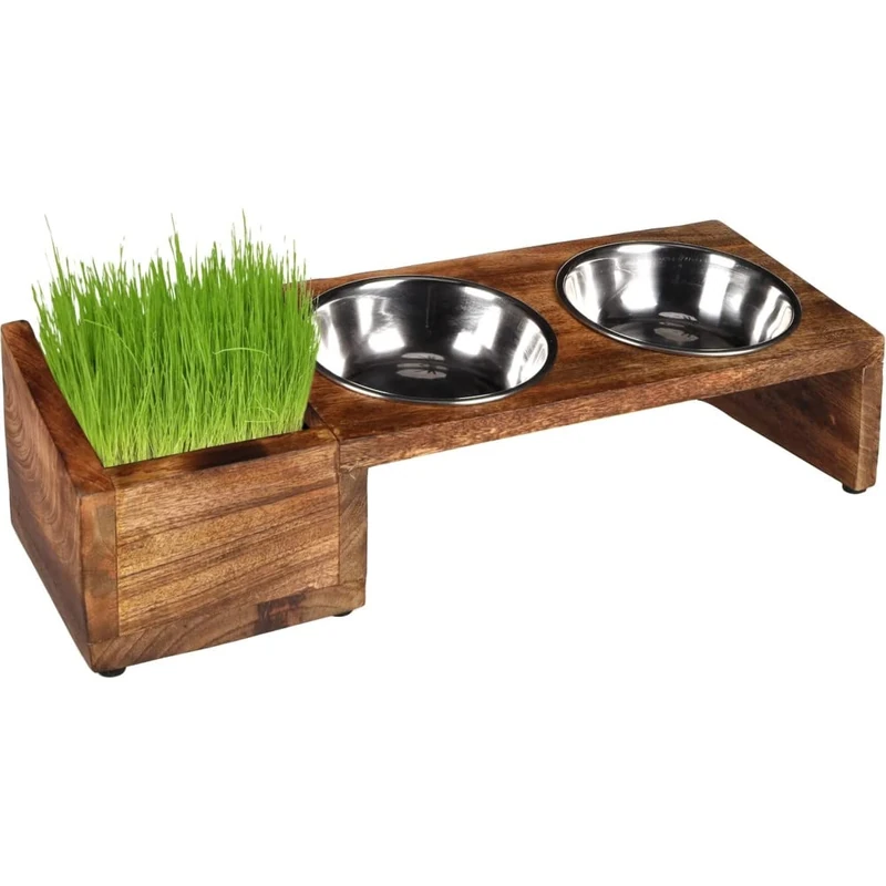 Flamingo TWIN FEEDER LELA WITH CAT GRASS BOWL STAINLESS STEEL 2x375ML 13CM - Image 1