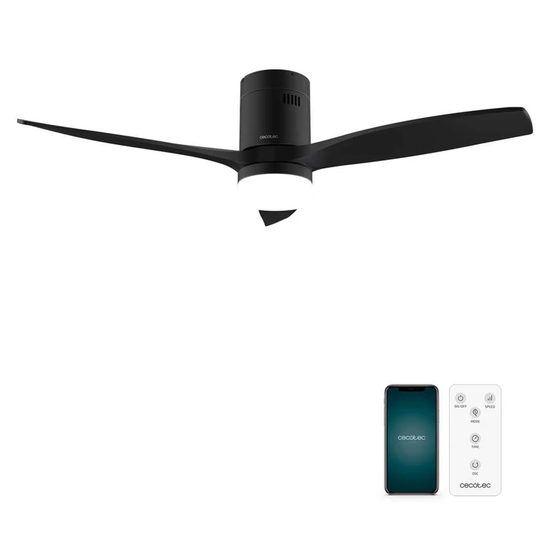 Cecotec EnergySilence Aero 5600 Aqua Black&Black Connected Ceiling Fan, 40 W and 52 Inches, Wifi, Controller, IP44 Protection, Light, 6 Speeds, 3 Blades, Winter-Summer Mode and 8h Timer