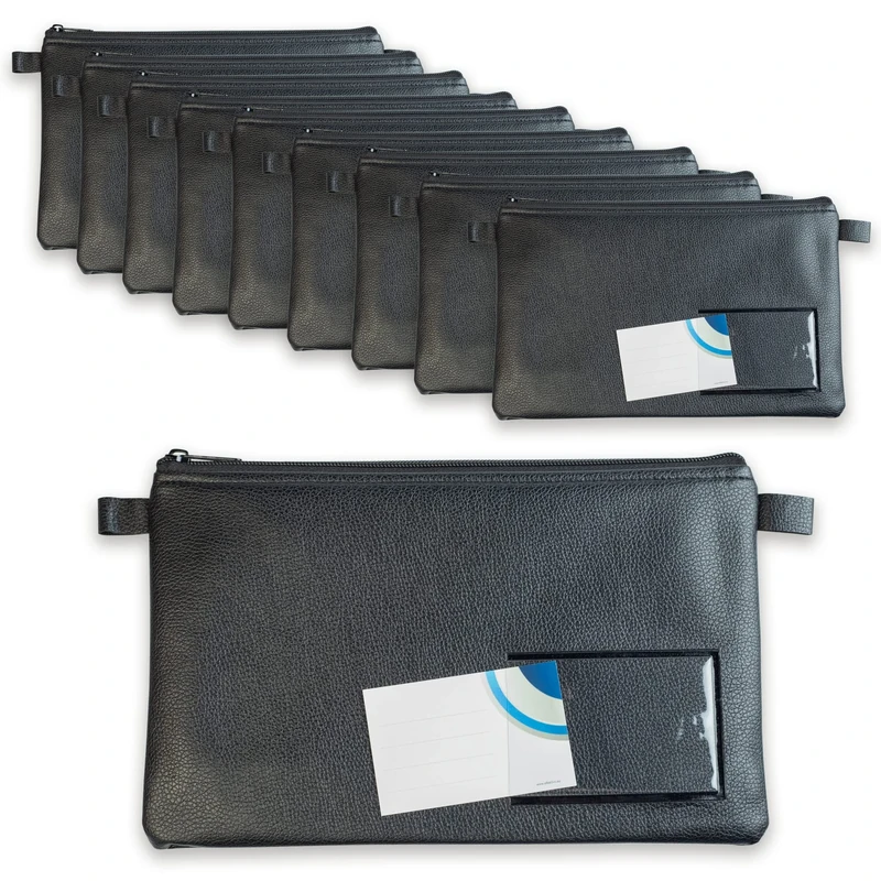 effektivo Bank Bags with Zip and Window for Labelling, Faux Leather, Black, Suitable for Documents up to A5, Pack of 10 - Image 1