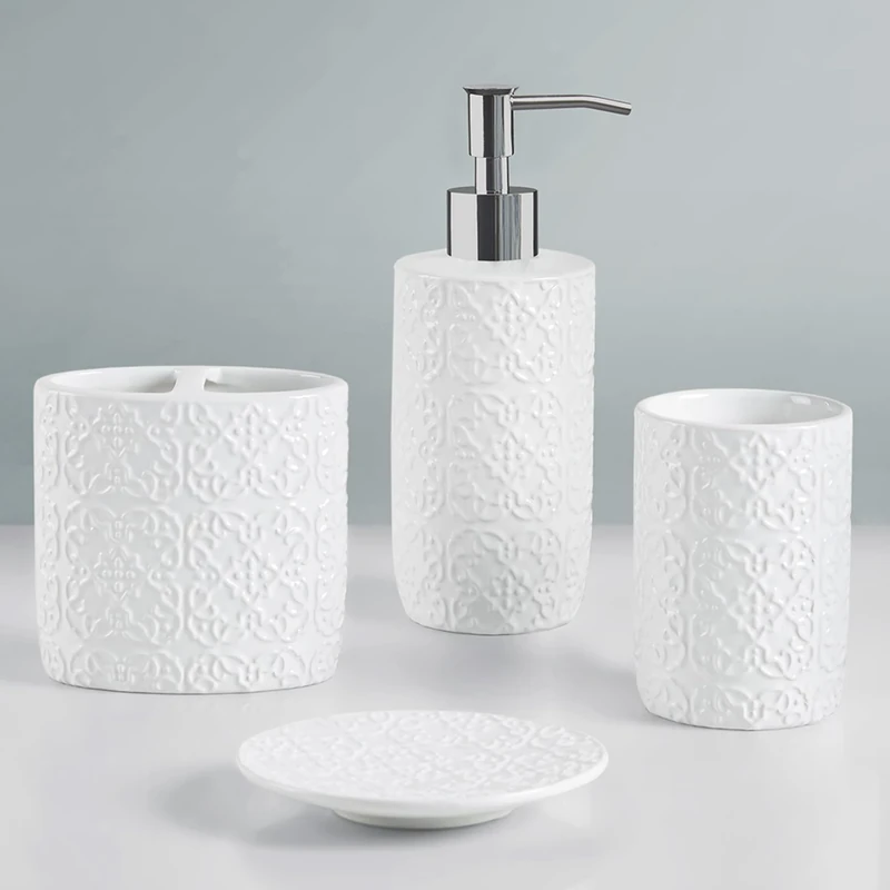 Martha Stewart Ceramic Bathroom Accessories Set, Vanity Decor Storage Organizer, Embossed Damask Medallion, Lotion/Soap Dispenser, Toothbrush Holder, Tumbler, Trinket Dish, Assorted Sizes White