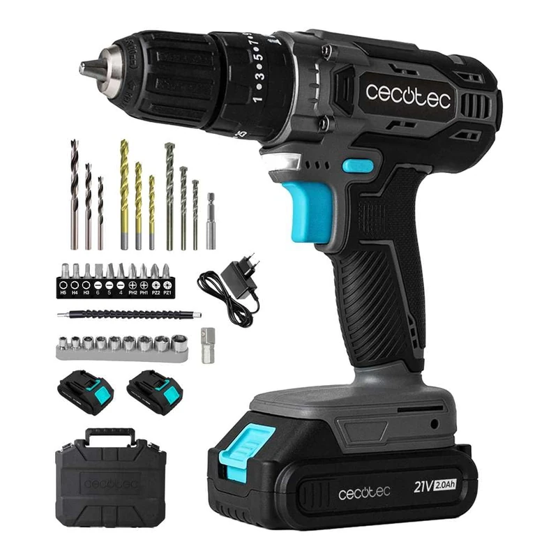Cecotec Hammer Drill and Driver with 2 Batteries 21V and 2,000mAh PowerForce 2120 Impact. 1500rpm, 45Nm Adjustable Torque in 25+1 Levels, 27000 Impacts/min, Case and Accessories