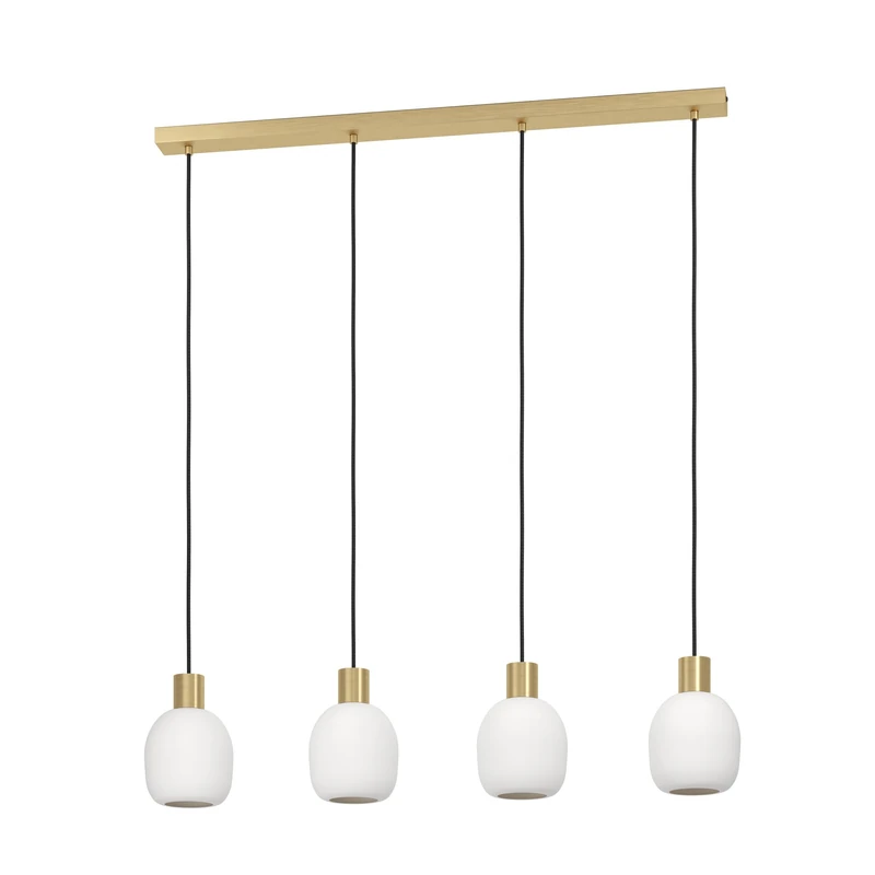 Eglo Pendant Lamp Manzanares, 4-Light Dining Pendant, Ceiling Light Hanging Metal Brass with Opal Matte White Glass Globes, E27 Socket, L 97 cm