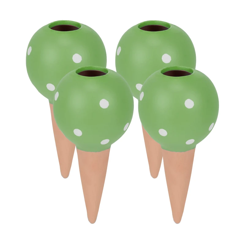 Relaxdays Clay Watering Spikes, Set of 4, Stakes for 1.5 L Bottles, Indoor & Outdoor Plants, Globes, Green/Terracotta, Ceramics, 18 x 9 cm