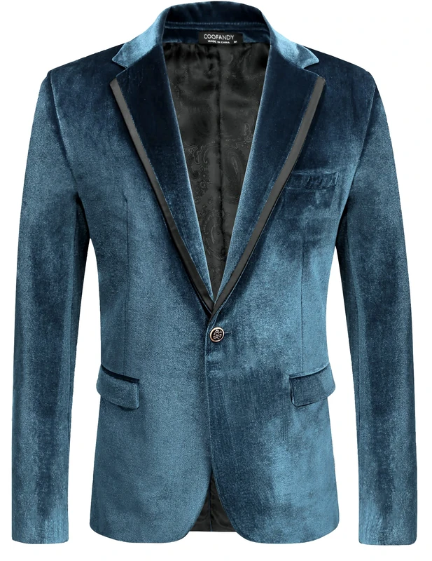 Coofandy Men's Velvet Blazer Notched Lapel One Button Velour Tuxedo Jacket for Prom Wedding Party Dinner, Dark Blue Peacock, M - Image 1