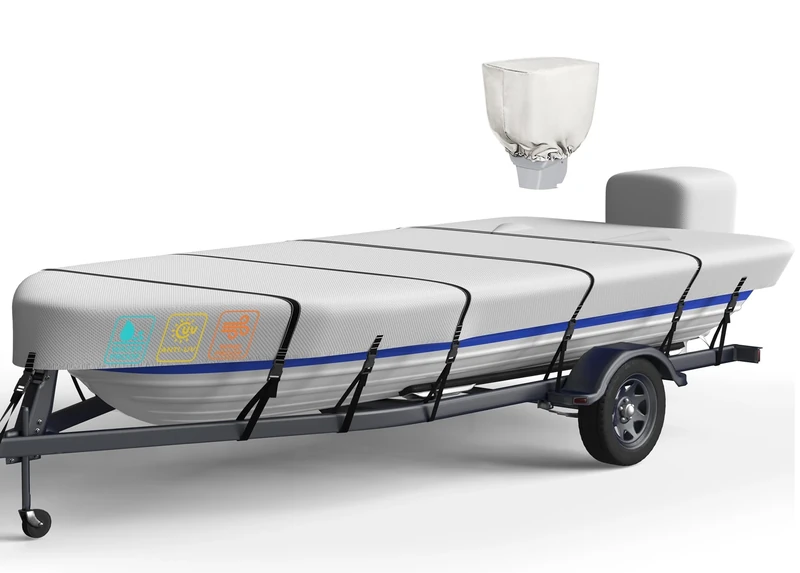 Heavy Duty 5 Layers 1200D Jon Boat Cover 12ft - 14 ft with Motor Cover, 100% Waterproof Trailerable Jon Boat Covers 12-14 Foot with 9+4 Pcs Windproof Straps