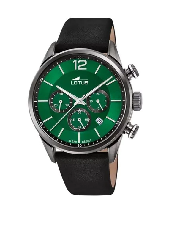 Lotus 18687/4 Men's Stainless Steel and Leather Watch in Grey/Green/Black 43 mm Water Resistance 10 Bar, Grey/Green/Black