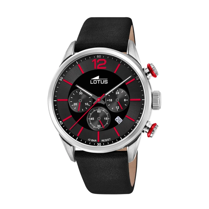 Lotus 18689/6 Men's Stainless Steel and Leather Watch in Silver/Black/Red 43 mm Water Resistance 10 Bar, Silver/Black/Red