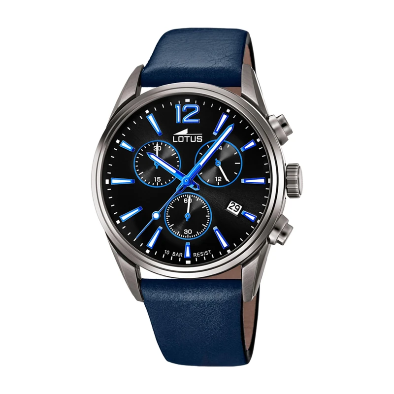 Lotus 18683/6 Men's Stainless Steel and Leather Watch in Grey/Black/Blue 42 mm Water Resistance 10 Bar, Grey/Black/Blue
