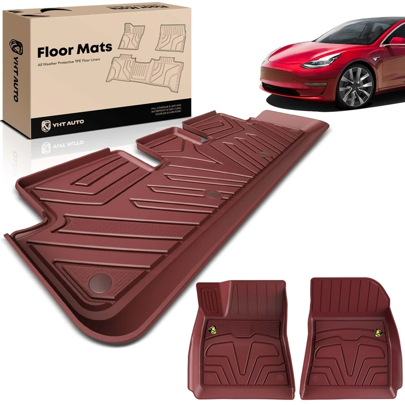 YHTAUTO Automotive Floor Mats TPE Full Set Liners Replacement for Tesla Model 3 2017-2023 Front & 2nd Seat, All-Weather Protection Waterproof Anti-Slip Custom Fit Car Mats Odorless Carpets, Red