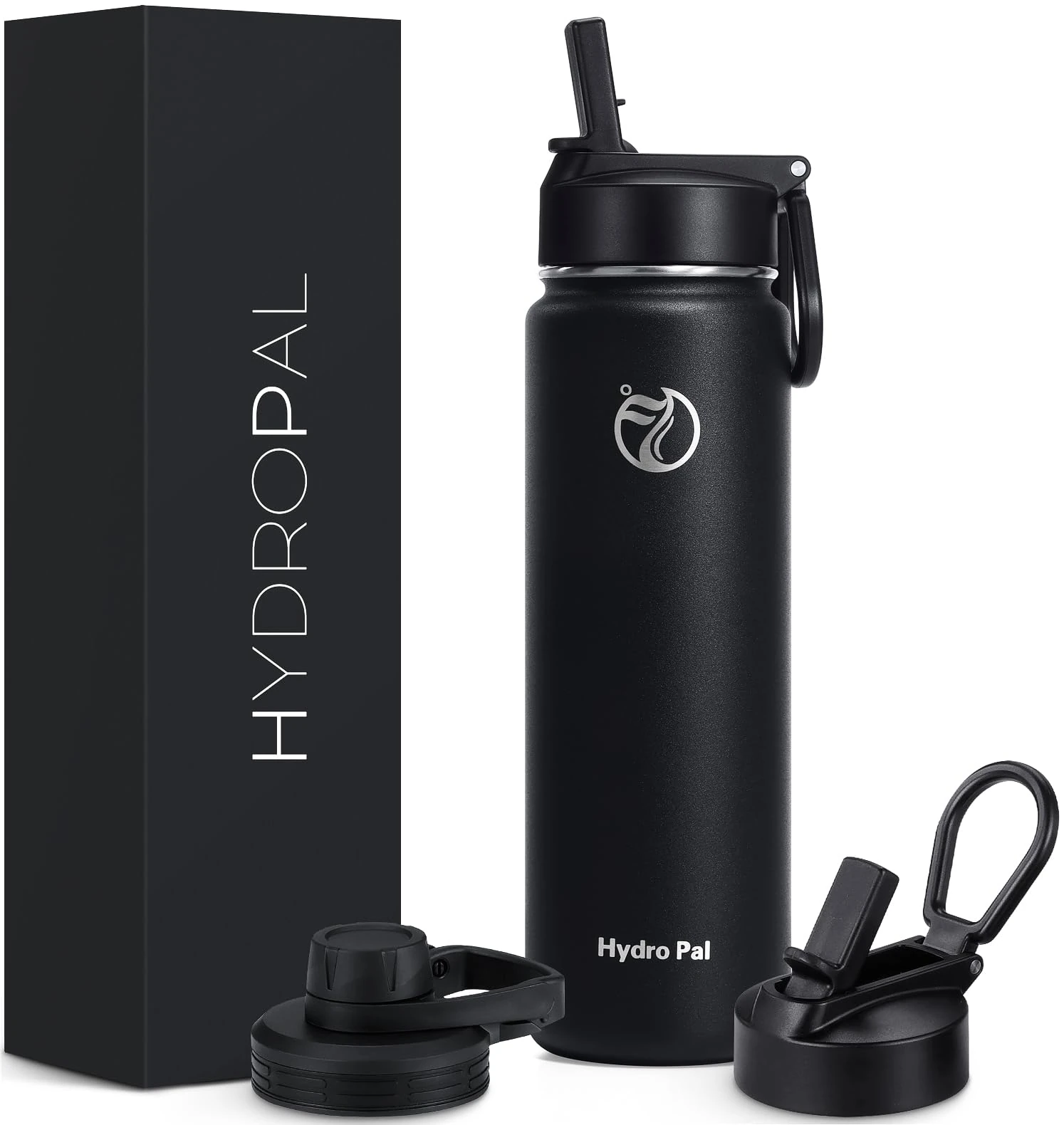 HydroPal Vacuum Insulated Stainless Steel Water Bottle, 1200ml/950ml/650ml- 2 Lids (Straw Lid and Spout Lid), Straws Bottle 12 Hours Hot & 24 Cold Drinks, Great Work, Gym, Travel, Midnight Black