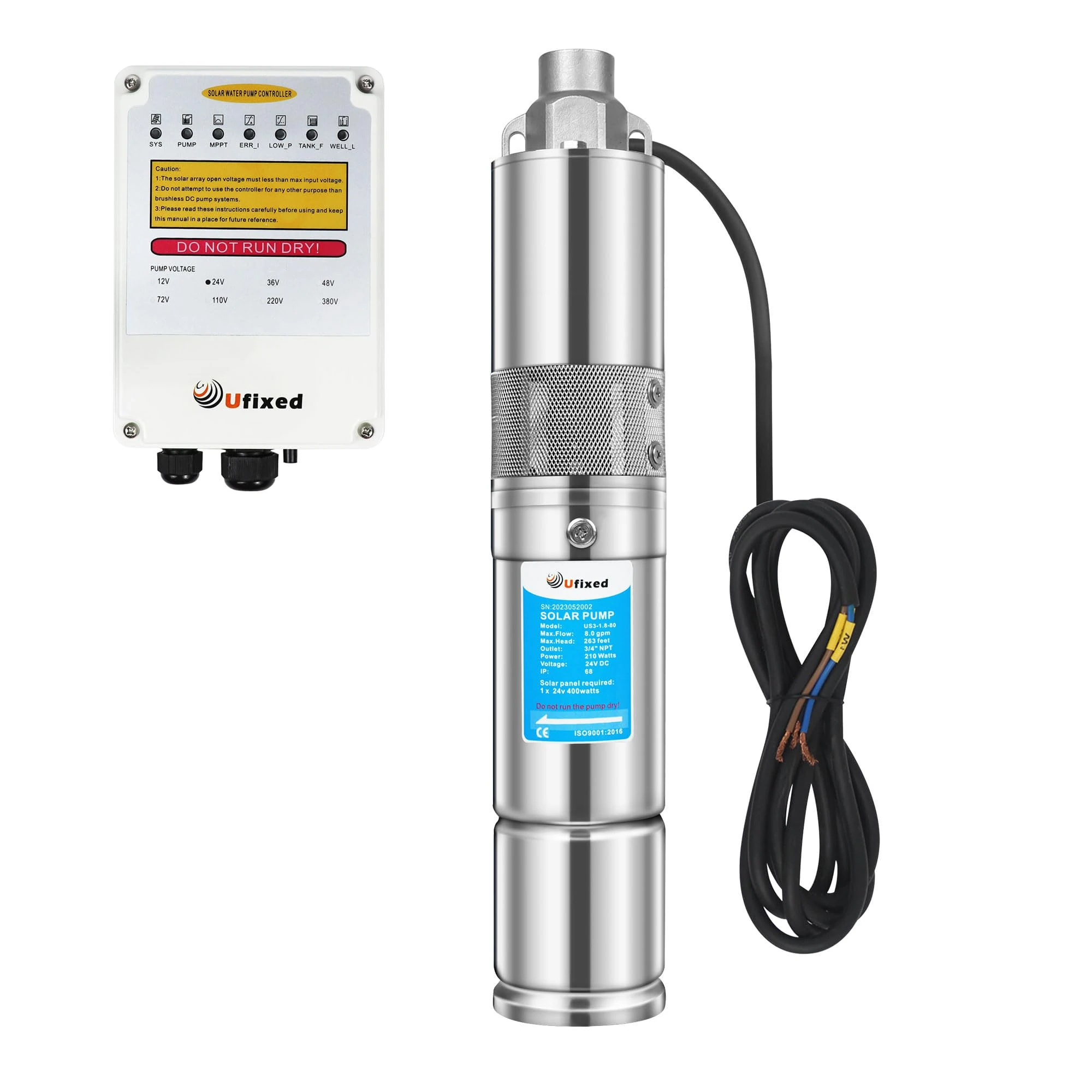 Solar Well Pump With MPPT Controller 7.9GPM 260Ft Head 3/4" Outlet 3" OD 210W Food-Safe Stainless Steel 24V DC Deep Well Pump