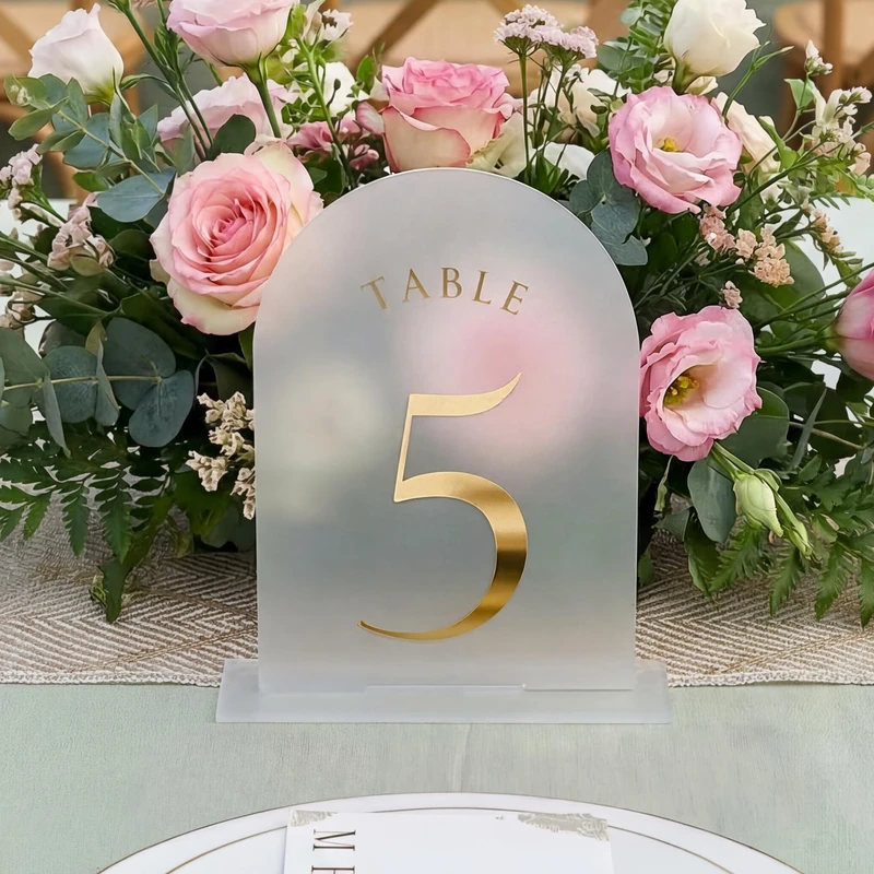 UNIQOOO Frosted Arch Wedding Table Numbers with Stands 1-20, Gold Foil Printed 5x7 Acrylic Signs and Holders, Perfect for Centerpiece, Reception, Decoration, Party, Anniversary, Event - Image 1