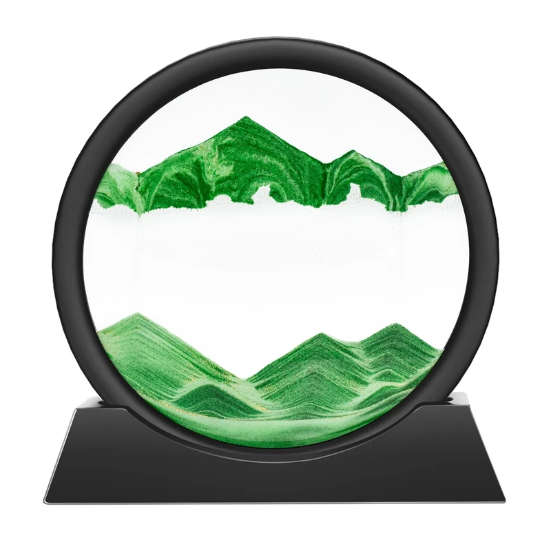 Wai Danie Moving Sand Art Picture 3D Hourglass Deep Sea Sandscape Liquid Motion Display Painting Flowing Sand Frame Relaxing Desktop Home Office Work Decor(Green 7")