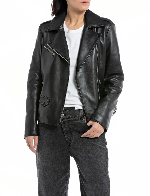 REPLAY Adult W7829 Crust Leather Biker Jacket, Black 010, L