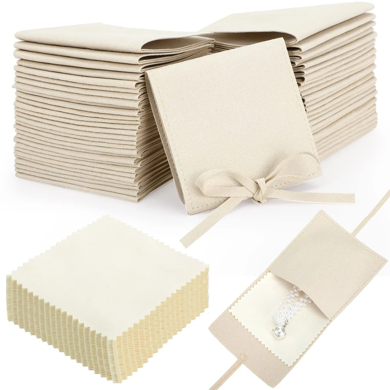 120 Pcs Microfiber Jewelry Pouch Jewelry Packaging Bag Jewelry Gift Bags Bow Tie Bracelet Packaging for Small Business with Jewelry Cleaning Cloth for Earrings Necklace Packaging (Beige) - Image 1