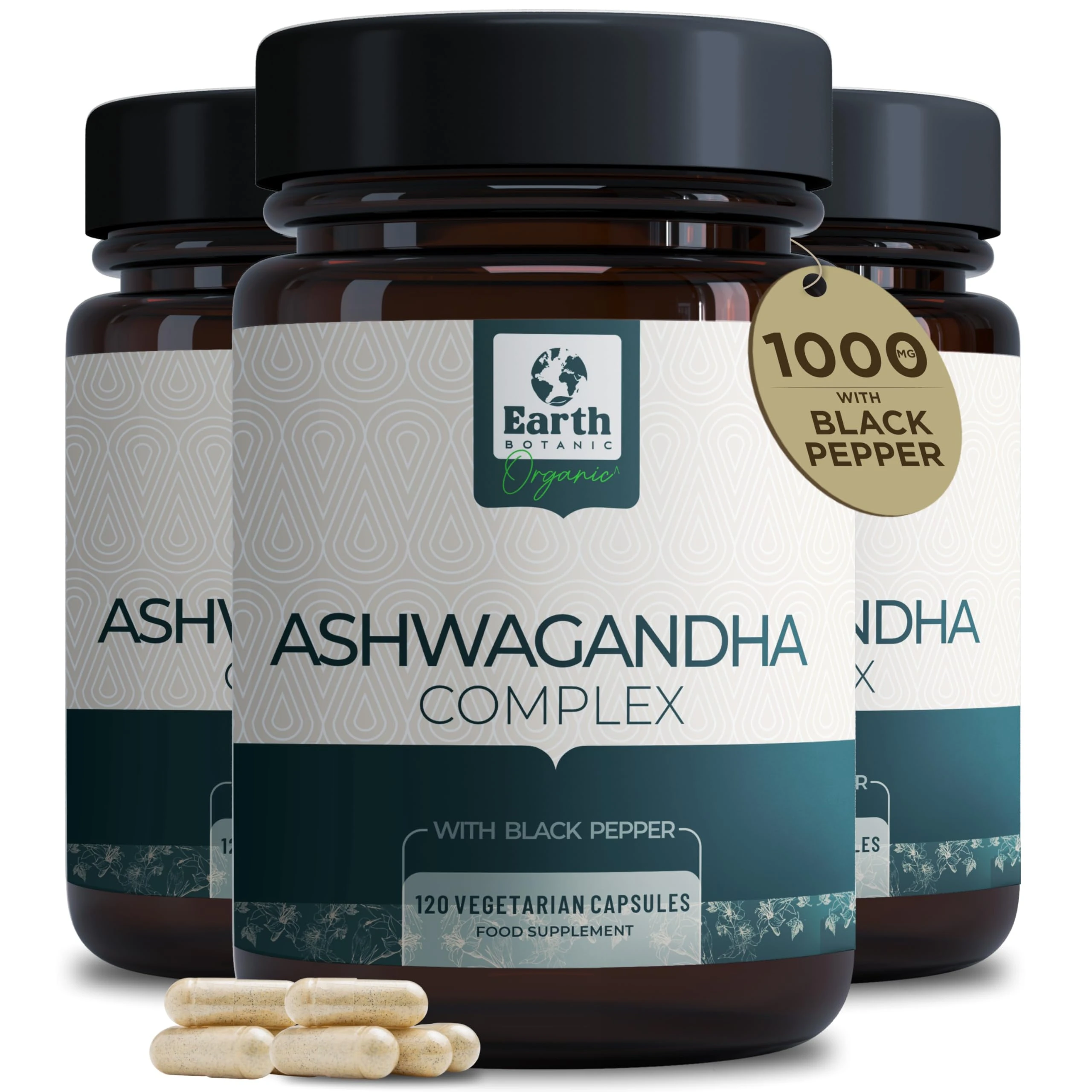 Earth Botanic Organic Ashwagandha Root Powder with Black Pepper - High Strength 120 Capsules - (Non-GMO, Gluten Free, No Additives, Vegetarian) 2 Months Supply