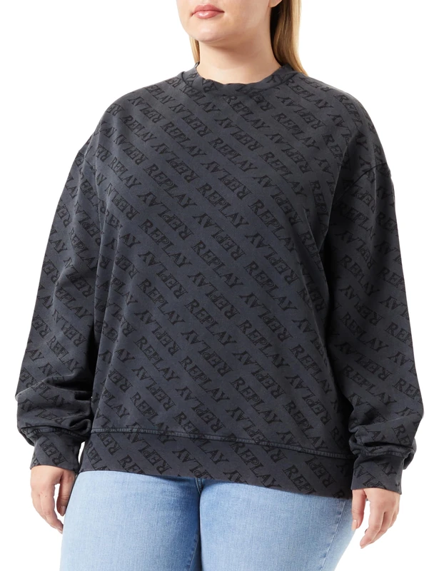 REPLAY women's sweatshirt made of cotton all-over print, Blackboard 099 (black), XXS