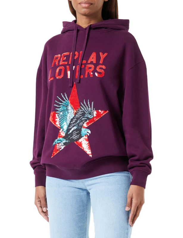 REPLAY Adult W3100 Piece Dyed Cotton Fleece Hooded Sweatshirt, Aubergine 477, S