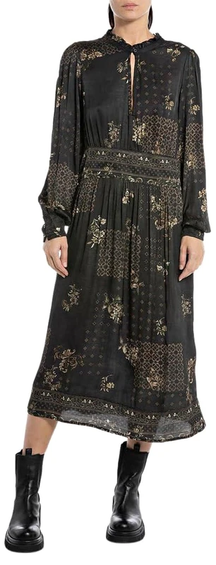 REPLAY Women's W9066 Mix All Over Printed Viscose Fabric Dress, 010 Dark Brown/Cream, M