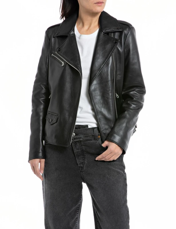 REPLAY Adult W7829 Crust Leather Biker Jacket, Black 010, XS