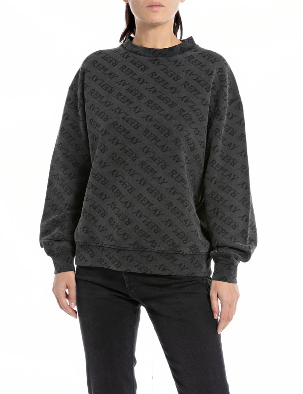 REPLAY Adult W3106A Overdyed All Over Printed Fleece Sweatshirt, Blackboard 099, L