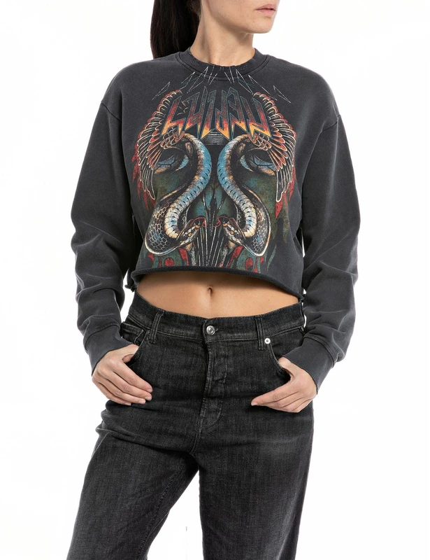 REPLAY Adult W3107 Garment Dyed Brushed Cotton Fleece Sweatshirt, Blackboard 099, S