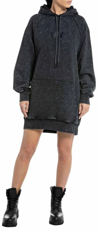 REPLAY Adult W9057 Garment Dyed Cotton Fleece Dress, Blackboard 099, XL
